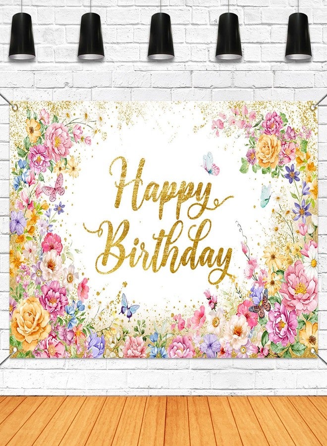 Mocsicka Happy Birthday Banner Pink Floral Wildflowers Birthday Party Decorations for Women Girls Party Photography Backdrop Supplies (Pink, 70.8 x 43.3 Inch) - Image 1